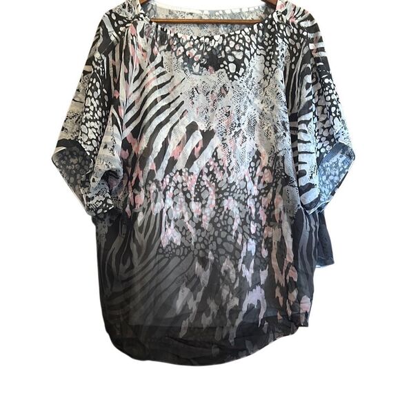 Animal Print Blouse Women's Multi Sheer Top Flowy Oversized - Picture 5 of 5